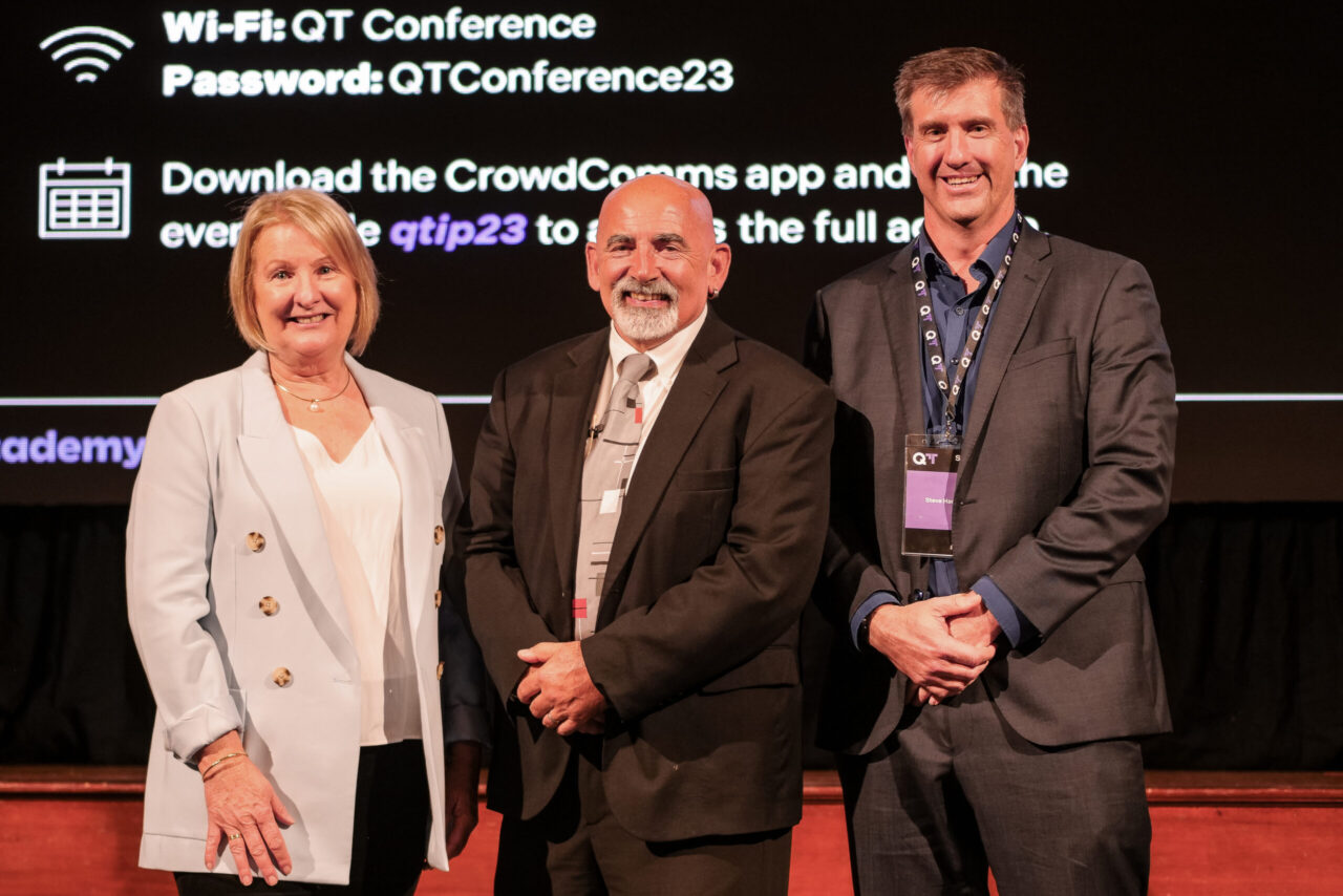 Jenny Gore, Dylan Wiliam and Steve Hannan posing for a photograph at the Quality Teaching in Practice conference 2023.